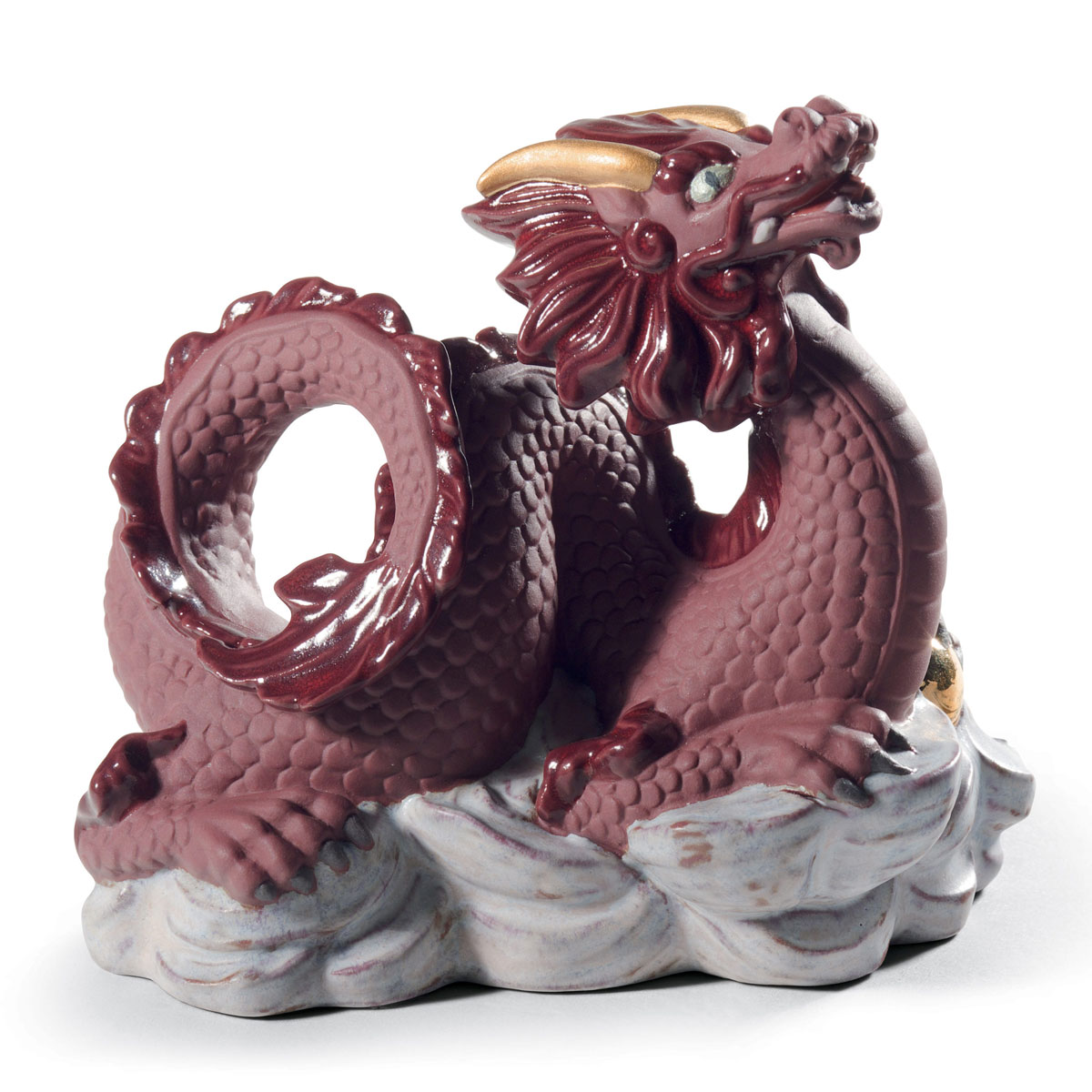 Lladro Classic Sculpture, The Dragon Sculpture. Golden Lustre And Red