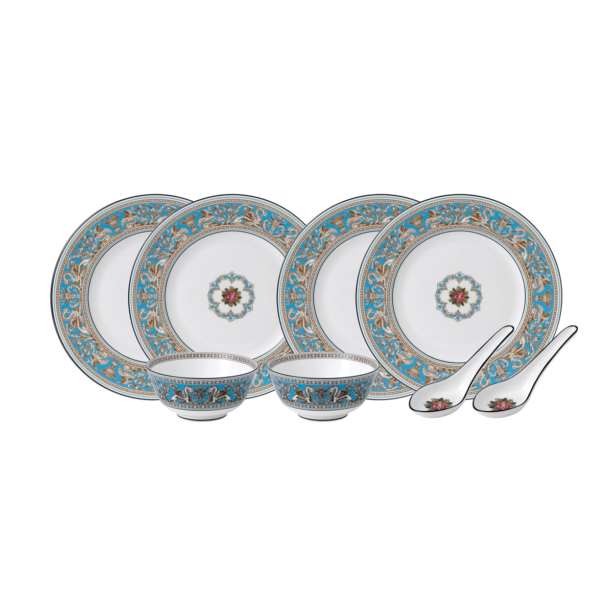 Wedgwood Florentine China Turquoise Dining Set For Two With Spoons