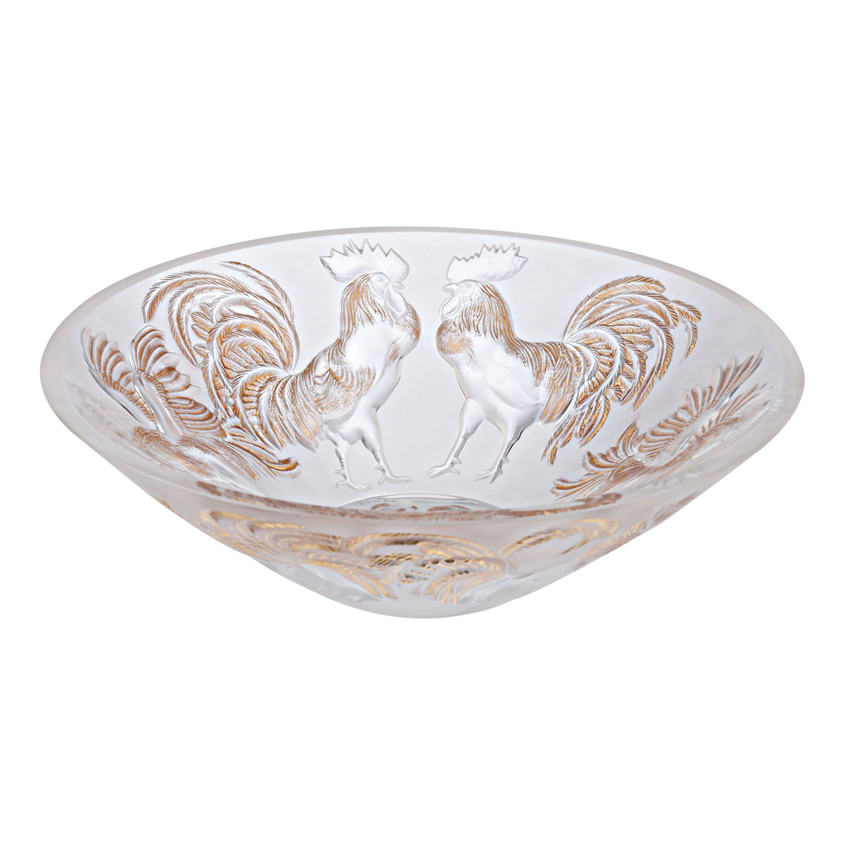Lalique Zodiac Rooster Crystal Bowl, Clear And Gold Stamped, Limited Edition Of 888 Pieces