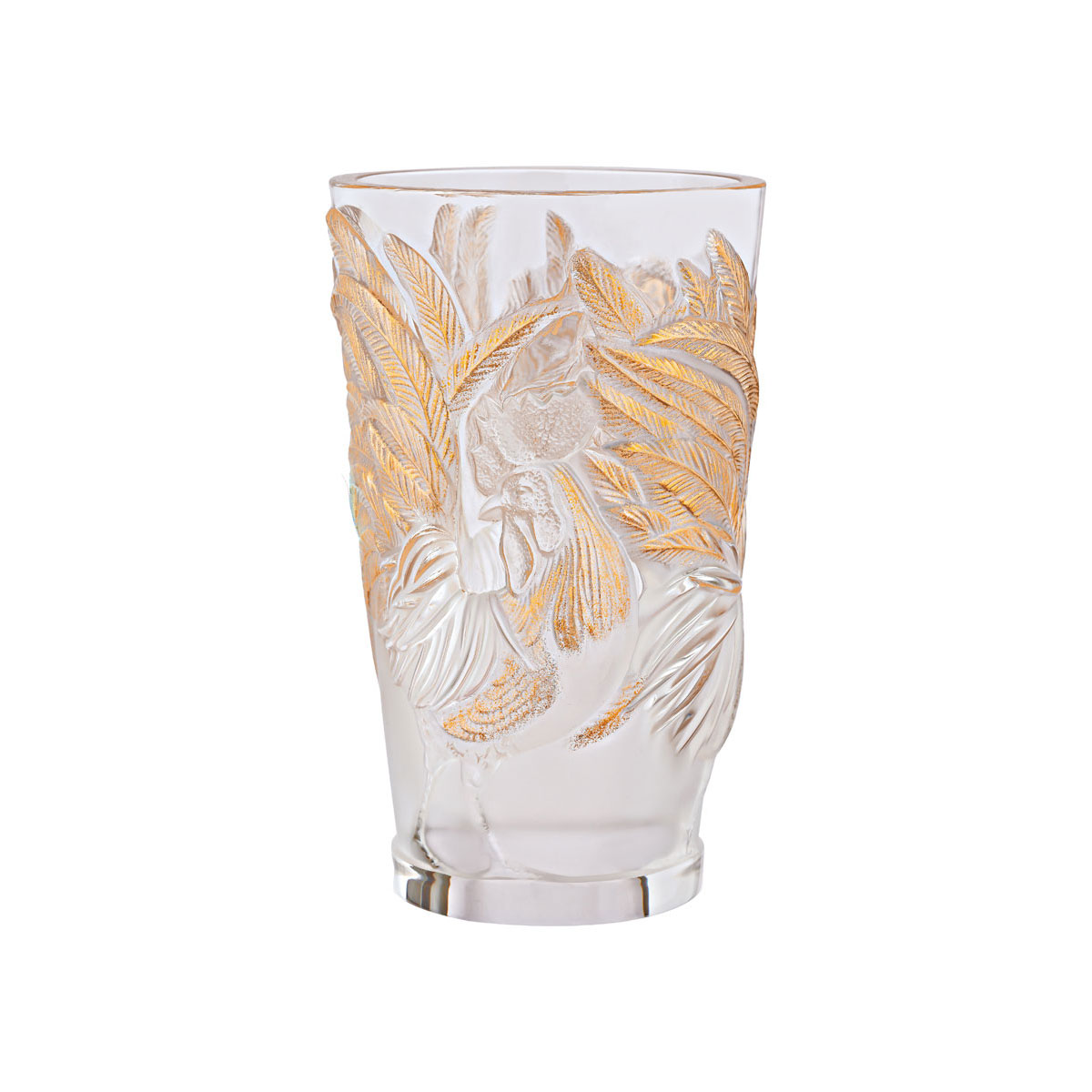 Lalique Zodiac Rooster Crystal Vase, Clear And Gold Stamped, Limited Edition Of 888 Pieces