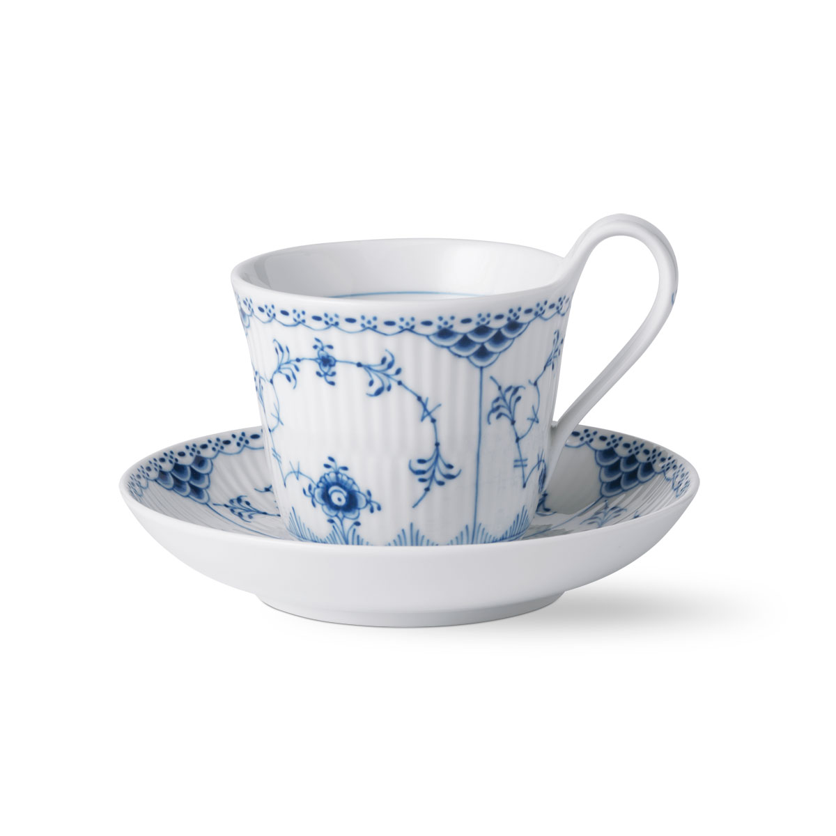 Royal Copenhagen Blue Fluted Half Lace High Handle Cup and Saucer