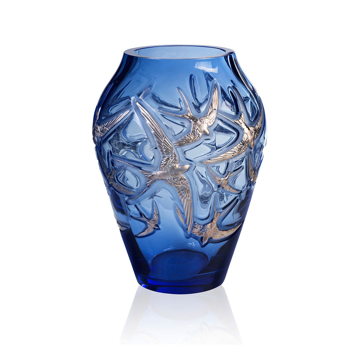 Lalique Hirondelles, Swallows 15.5" Vase, Sapphire Blue Platinum Stamped, Limited Edition