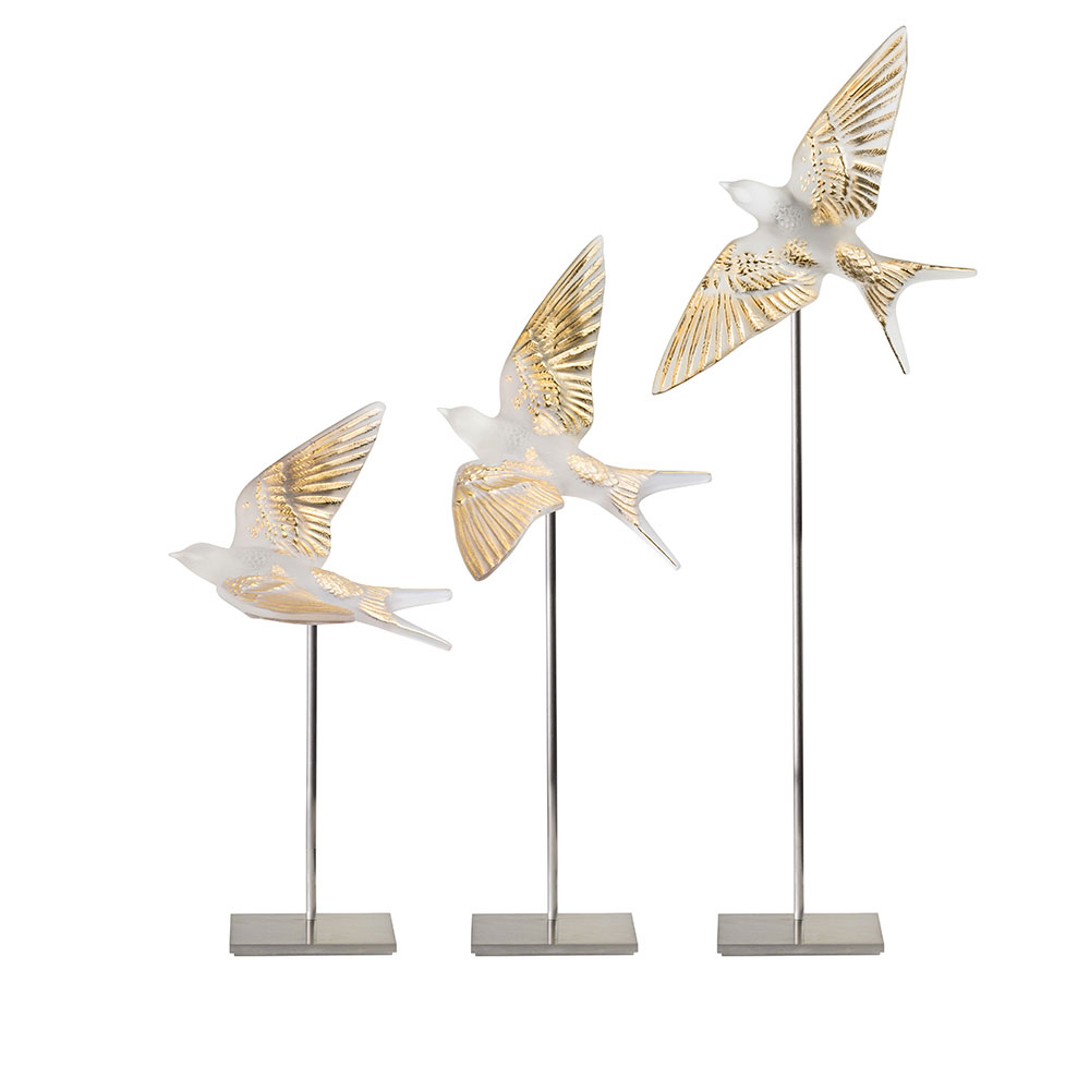 Lalique Hirondelle, Swallow Sculpture, Wings Down, Clear And Gold ...