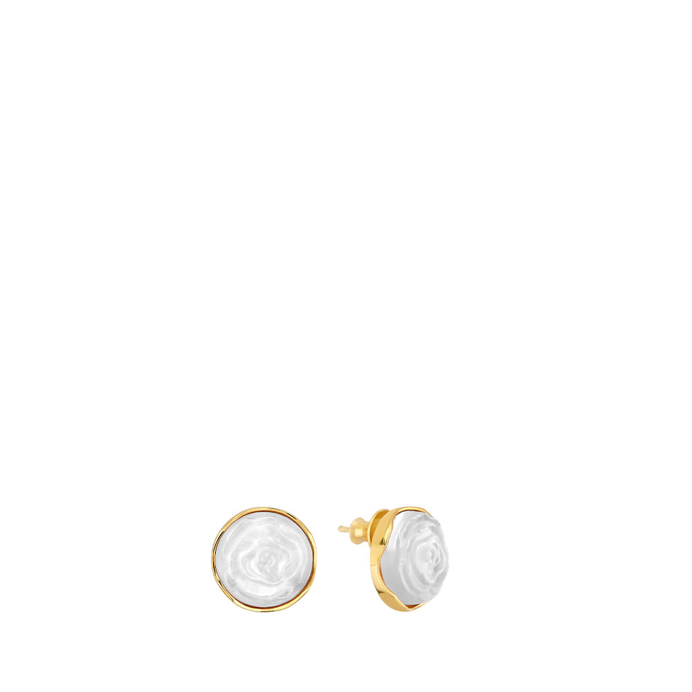 Lalique Pivoine Pierced Earrings Pair, White Pearly Crystal and Gold