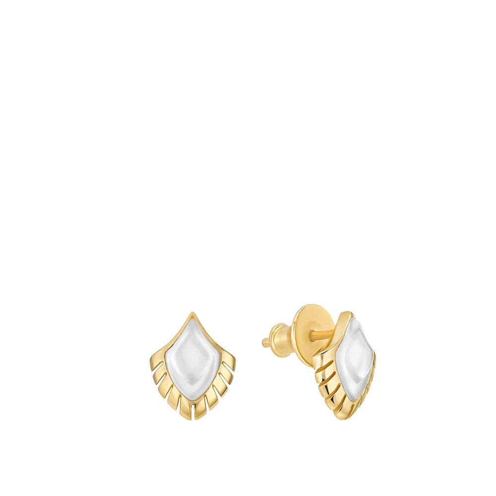 Lalique Paon Pierced Earrings, White Pearl Crystal, Gold Plated