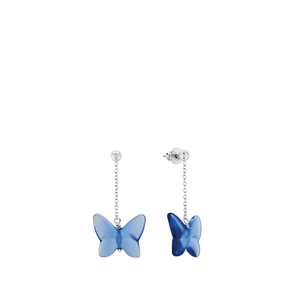 Lalique Papillon Pierced Earrings, Silver, Blue Crystal