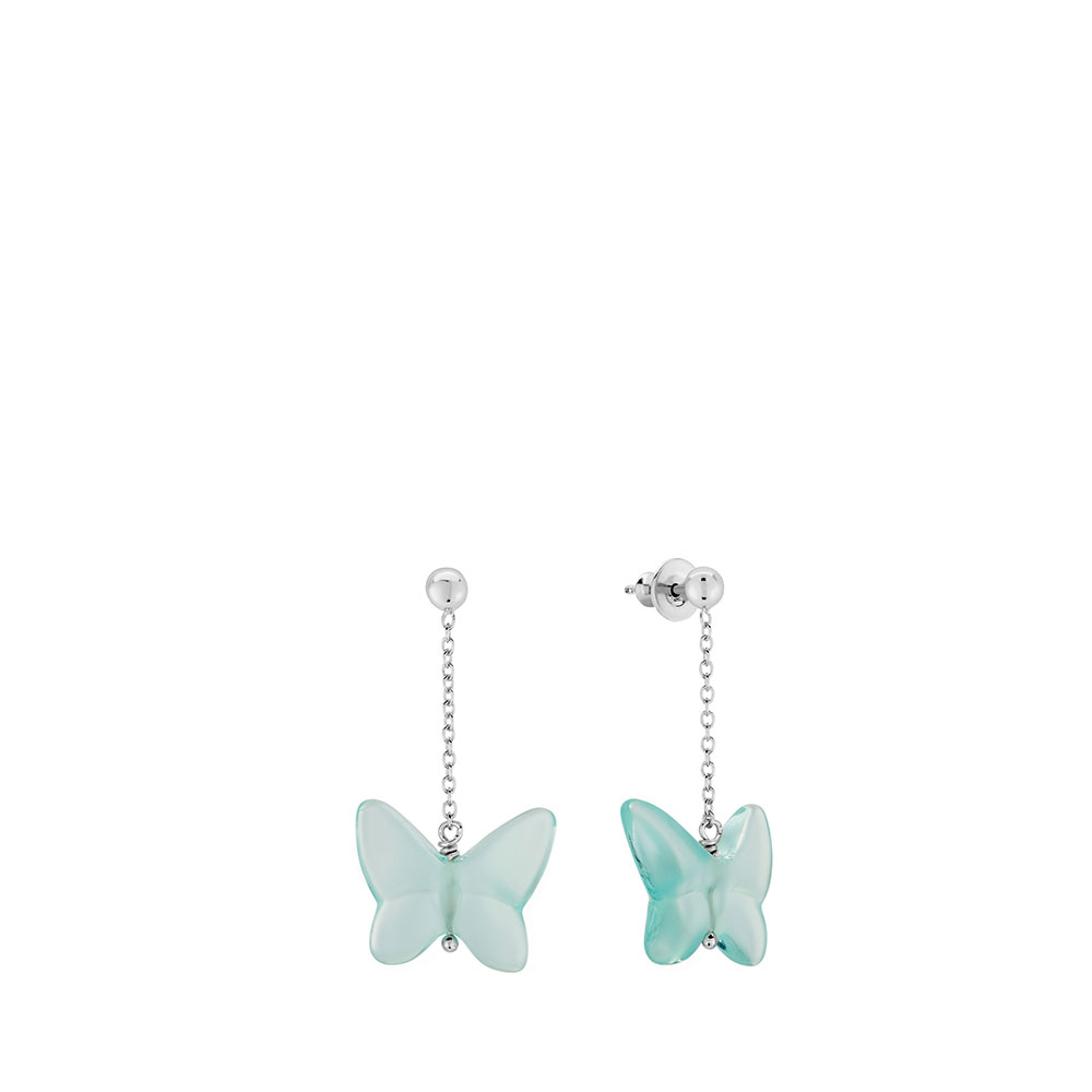 Lalique Papillon Pierced Earrings, Silver, Lagoon Green Crystal