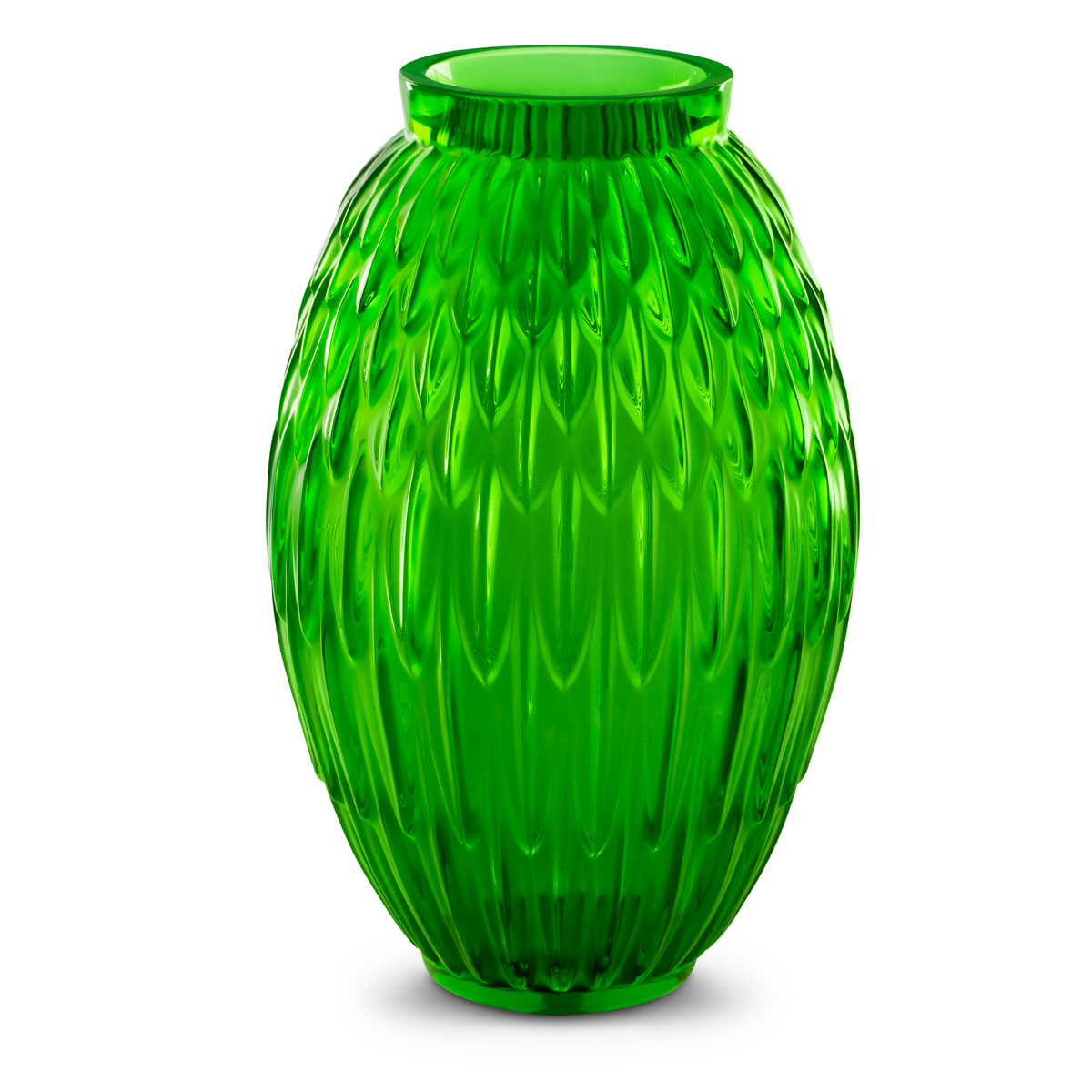Lalique Empreinte Animale Plumes 11" Vase Green Meadow