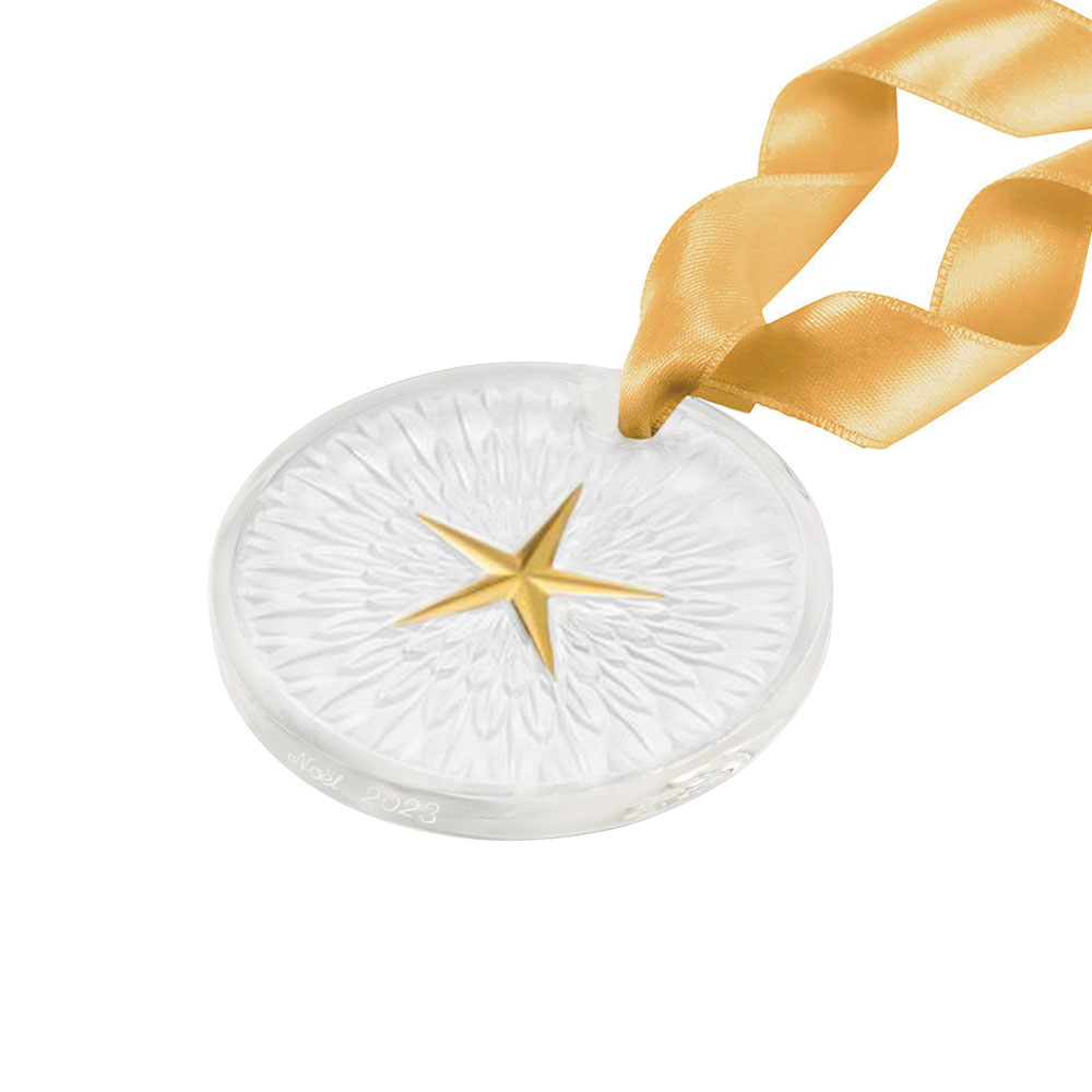 Lalique 2023 Plumes Clear and Gold Star Dated Ornament