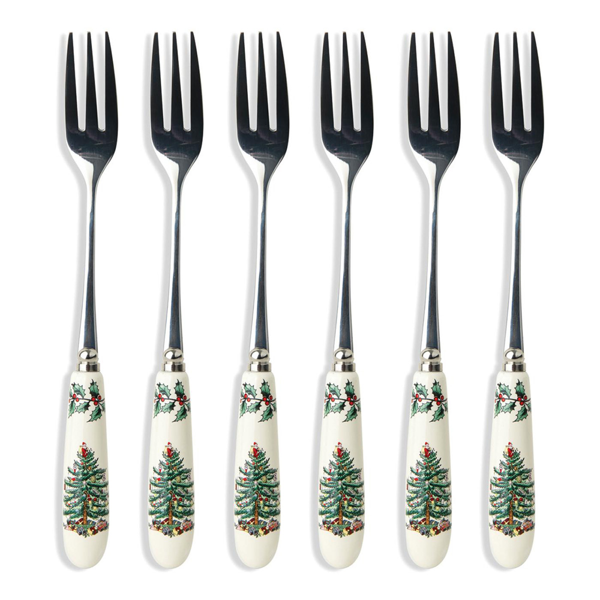 Spode Christmas Tree Cutlery Set Of 6 Pastry Forks, Ceramic Handle