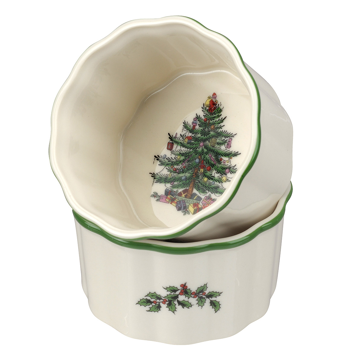 Spode Christmas Tree Bakeware Round Scalloped Ramekins Pair