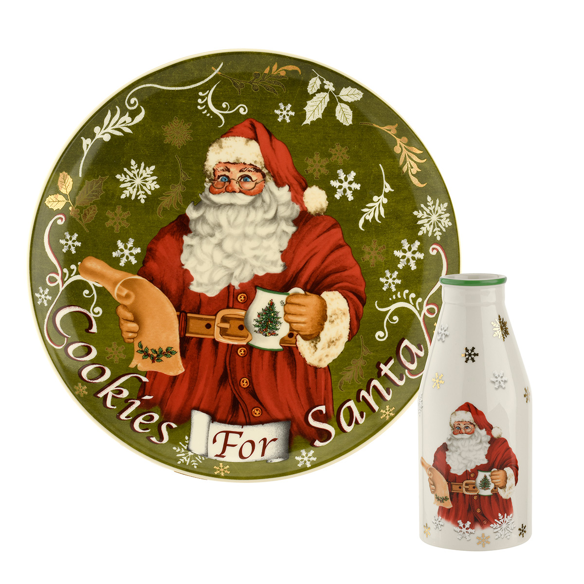 Spode Christmas Tree Serveware 2 Piece Cookies For Santa Plate And Bottle