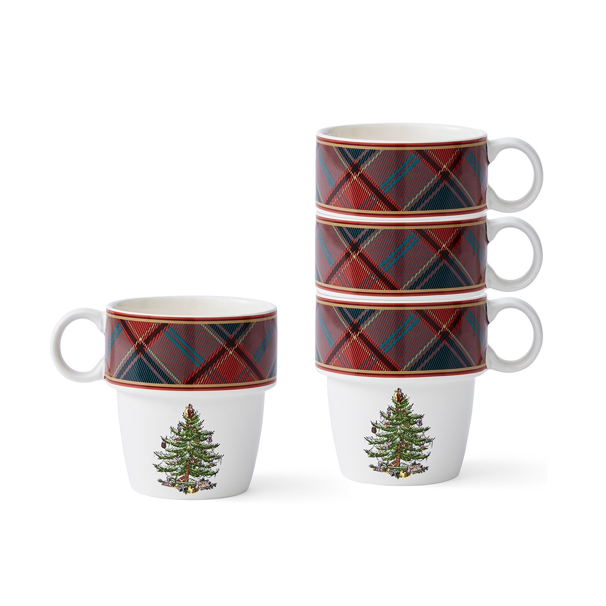 Spode Christmas Tree Tartan Stacking Mugs Set Of 4
