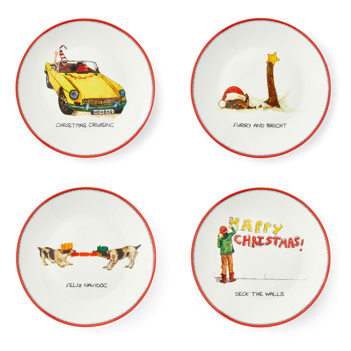 Kit Kemp, Spode Doodles Set of 4 Tidbit Christmas Plates 6"