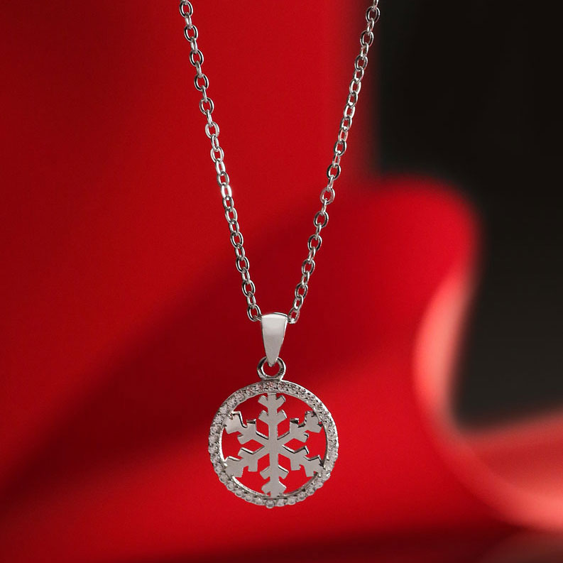 Cashs Ireland, Sterling Silver and Pave Circle Snowflake Pendant Necklace, Small
