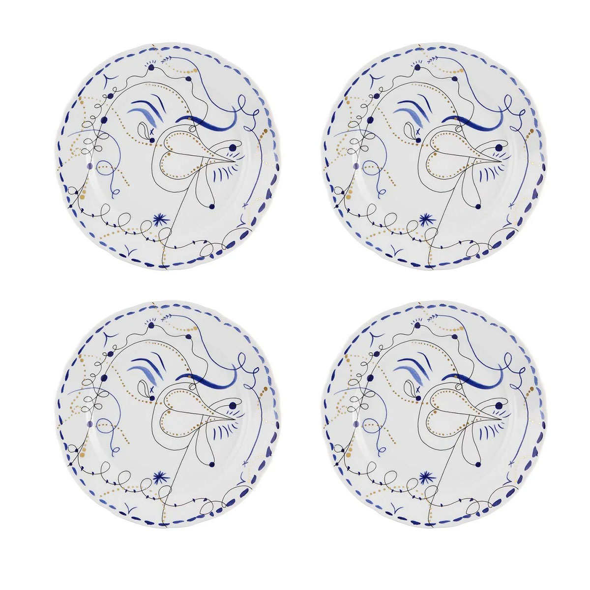 Vista Alegre Porcelain Folkifunki Dinner Plate Blue Chicken, Set of 4