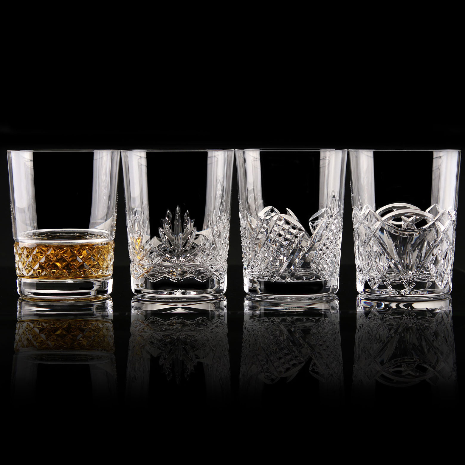 Cashs Ireland, Single Malt Whiskey Mixed Patterns, Set of Four Crystal Glasses