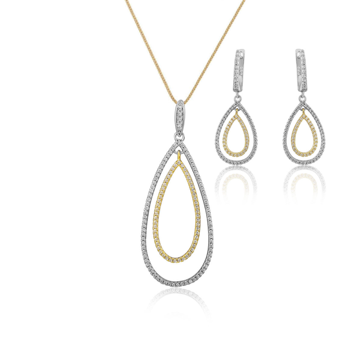 Cashs Ireland, Teardrop Sterling Silver and Gold Pave Necklace and Pierced Earring Gift Set