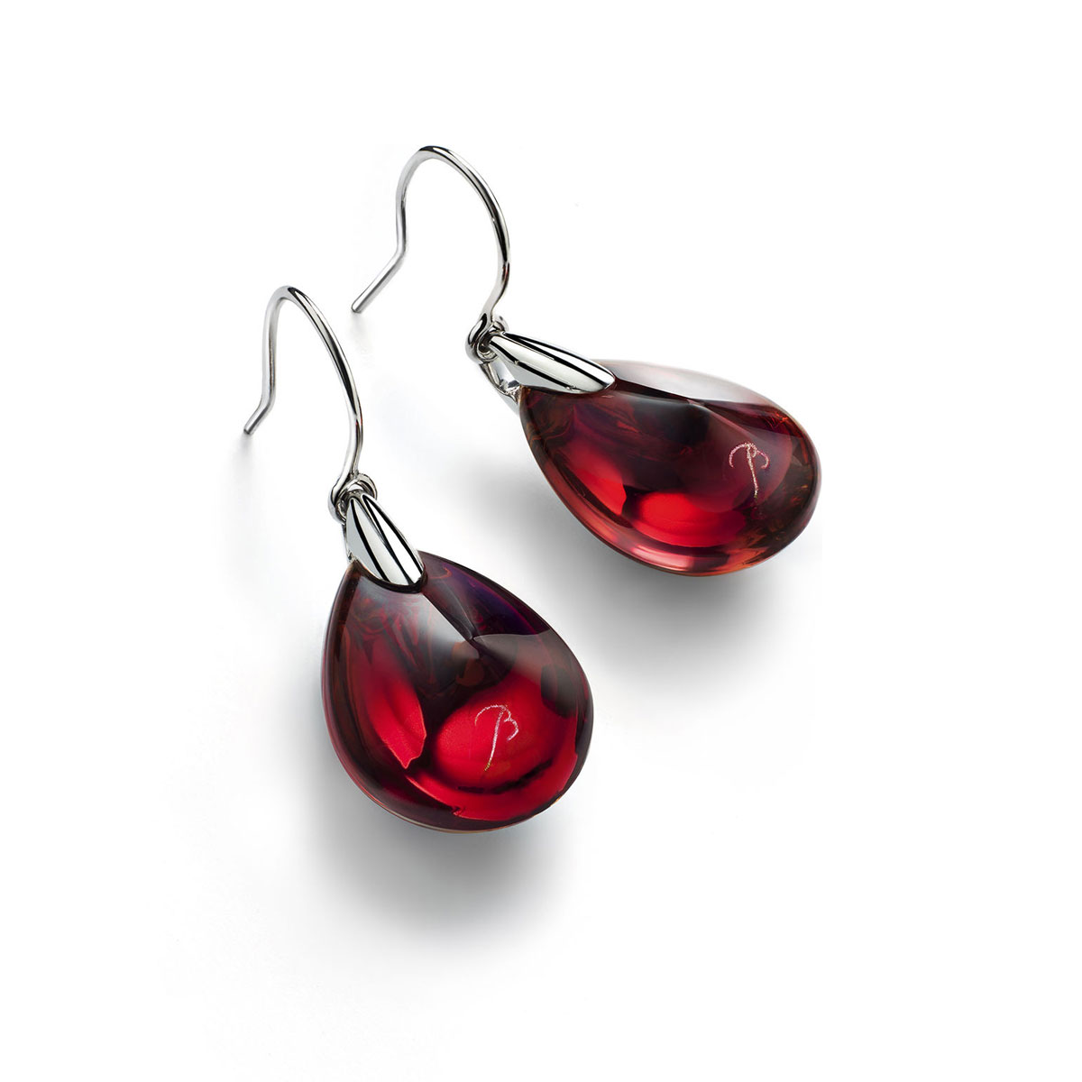 Baccarat Crystal Psydelic Wire Earrings Sterling Silver Iridescent Red