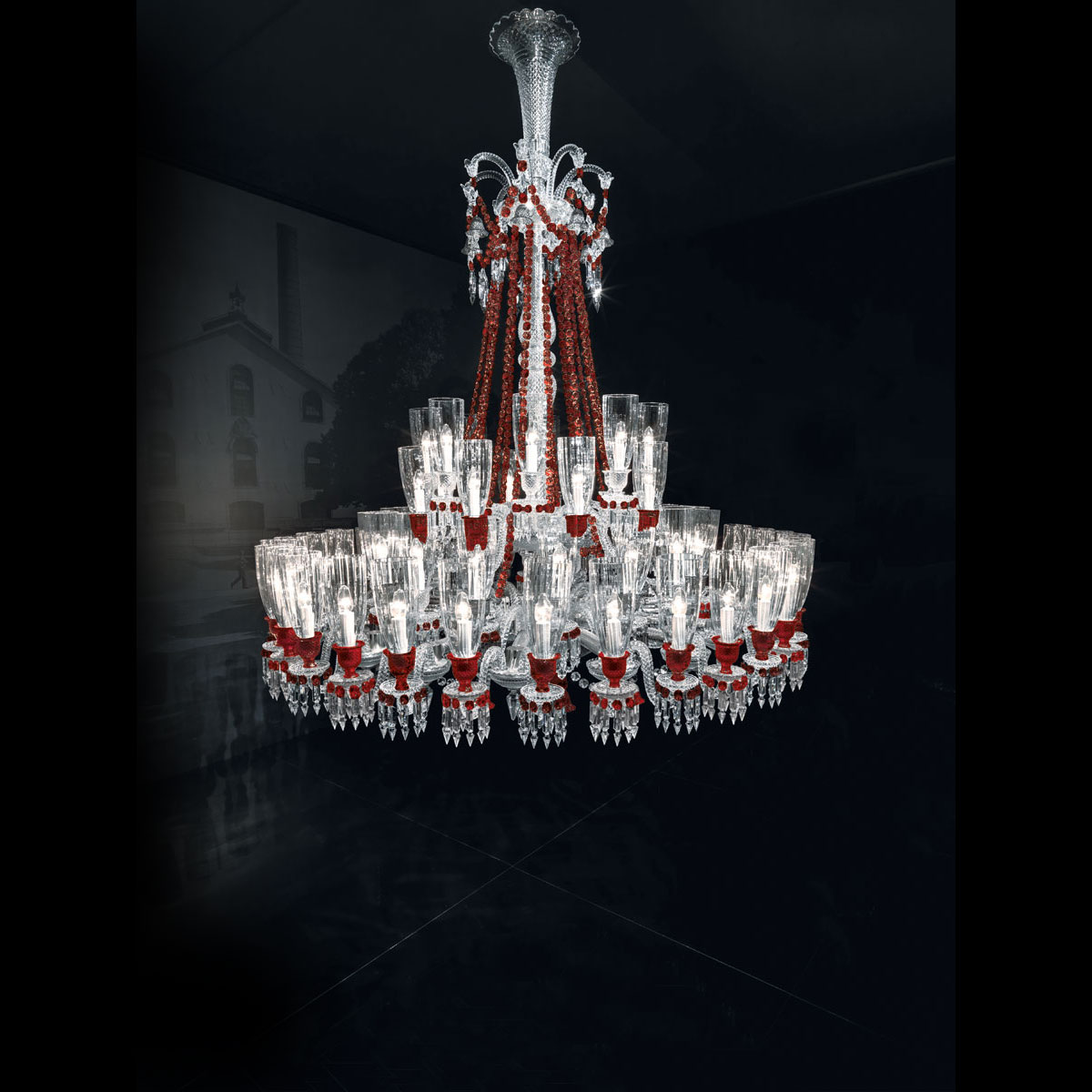 Baccarat Crystal, Zenith Red and Clear 64 Light Chandelier