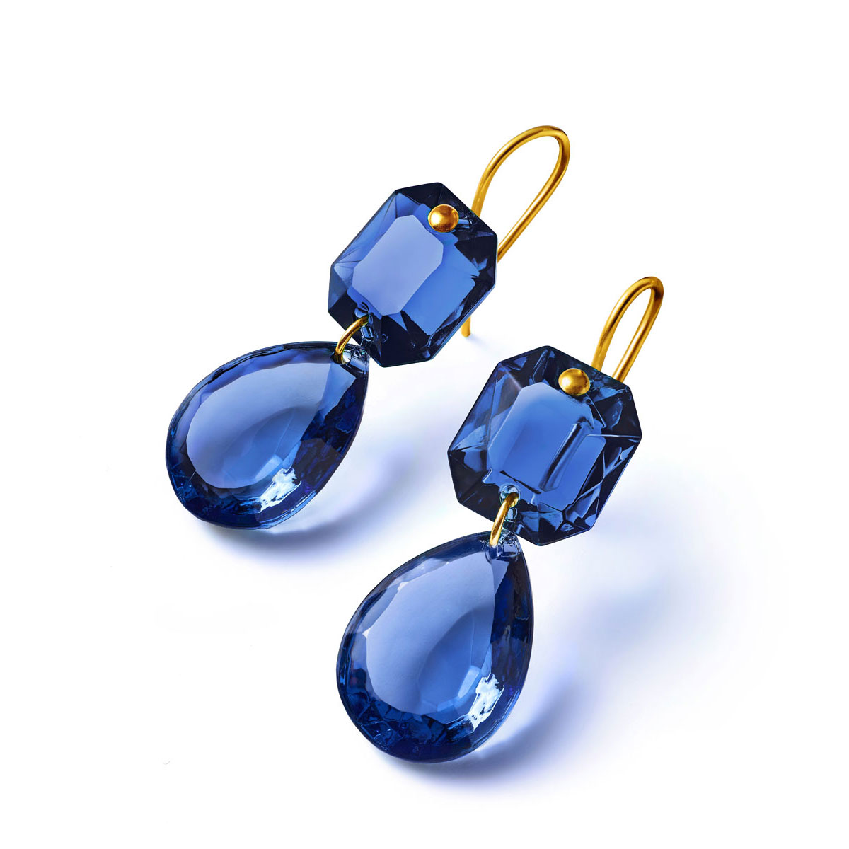 Baccarat Crystal Marie-Helene De Taillac Earrings Large Wire Vermeil Gold Blue