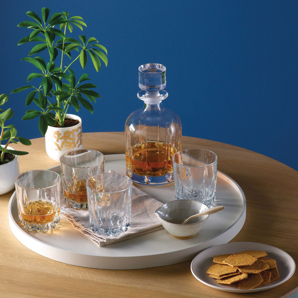 Royal Doulton, Mode Whiskey Crystal Decanter and Tumbler, Set of Six