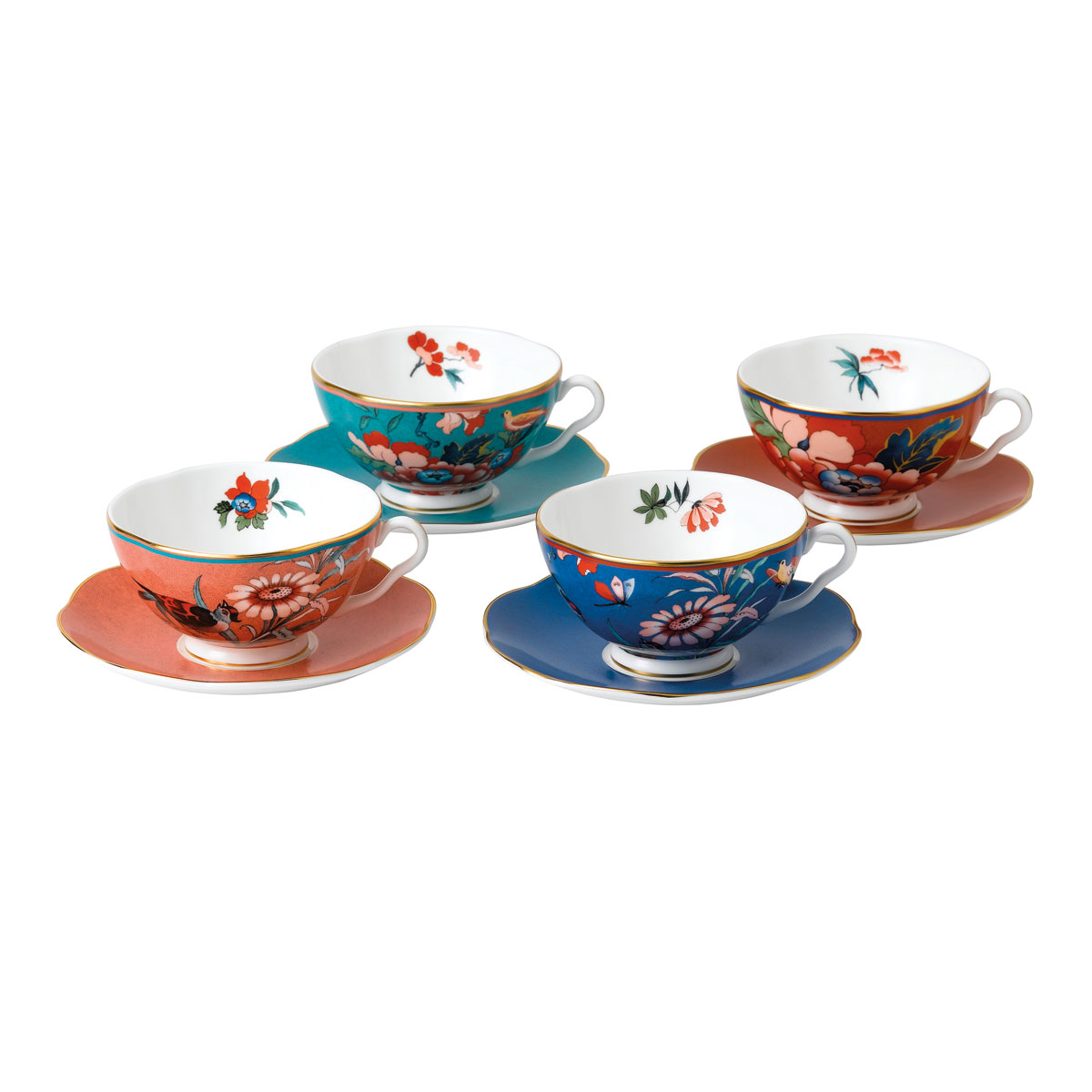 Wedgwood China Paeonia Blush Teacup and Saucer Set of 4, Blue, Coral, Green and Red