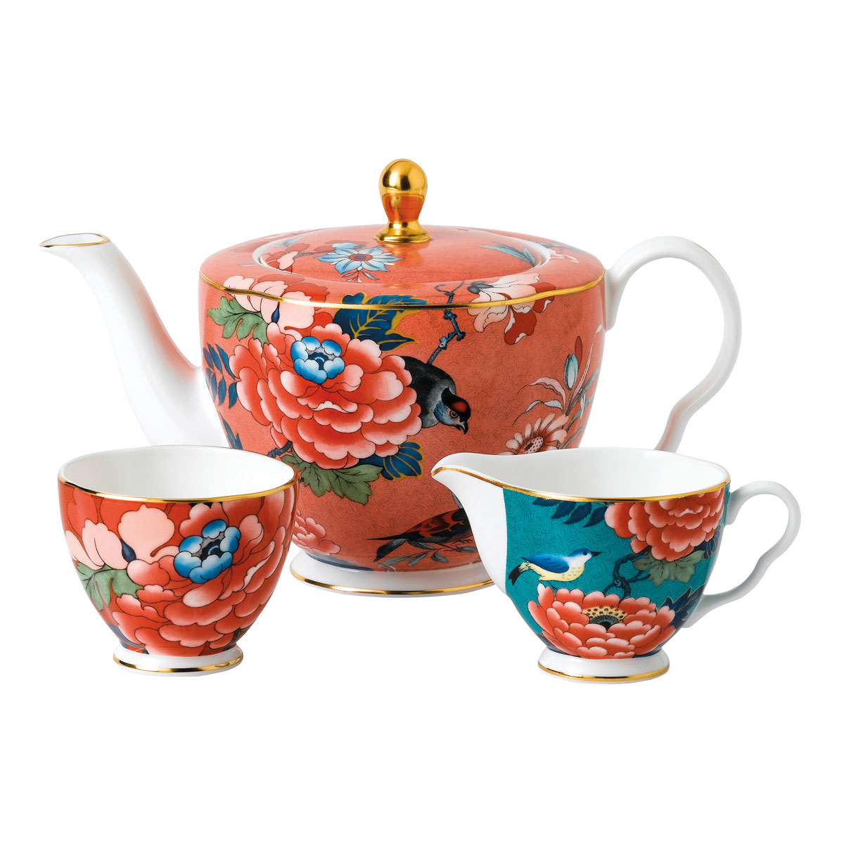 Wedgwood China Paeonia Blush 3 Piece Tea Set, Teapot, Sugar and Creamer