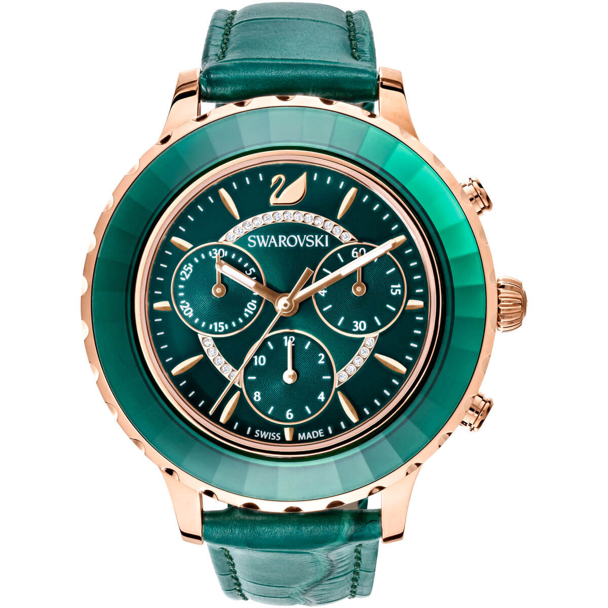 Swarovski Octea Lux Chrono Watch, Leather Strap, Green, Rose Gold
