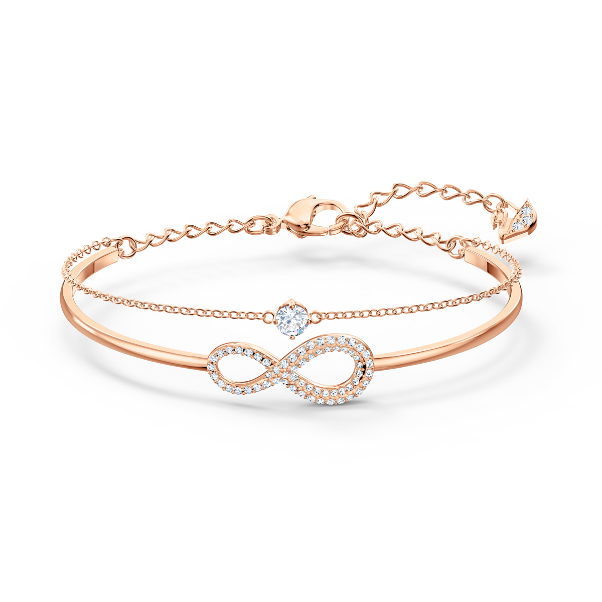Swarovski Crystal and Rose Gold Bangle and Chain Infinity Bracelet