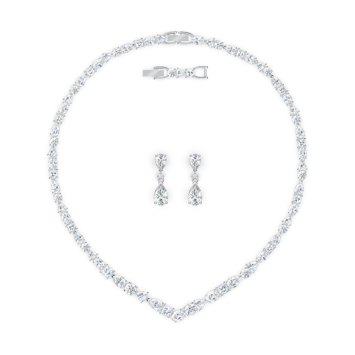Swarovski Tennis Deluxe V Mixed Necklace and Earrings Set, White, Rhodium Plated