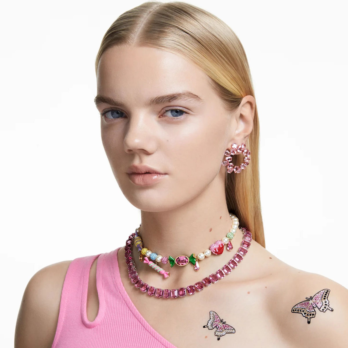 Swarovski Millenia Necklace, Octagon Cut Crystals, Pink, Rhodium Plated