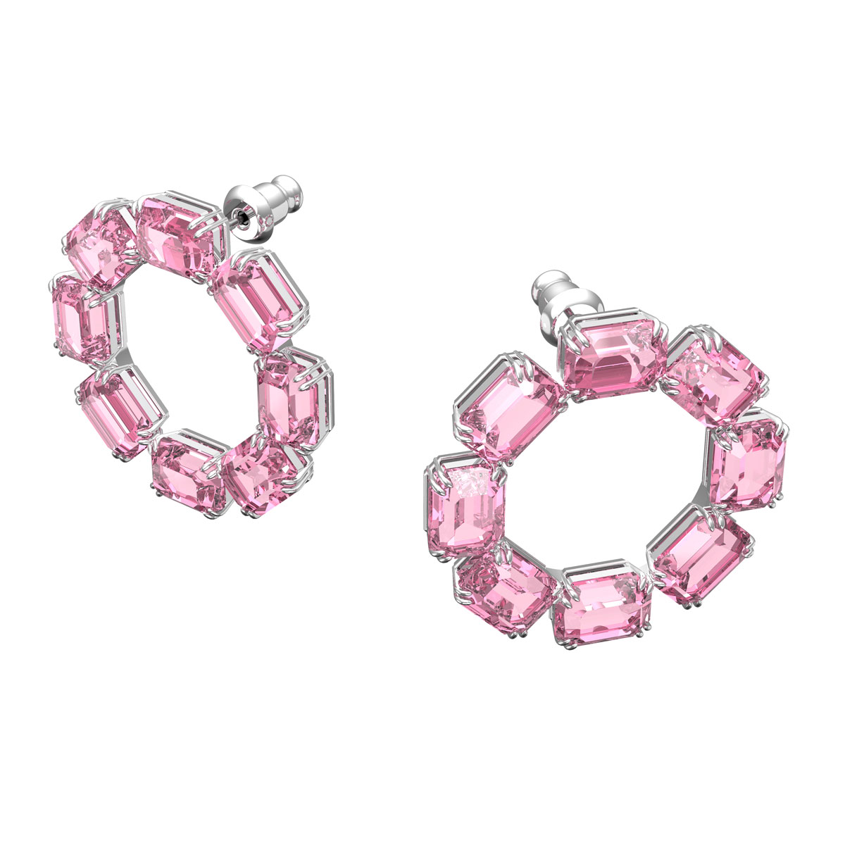 Swarovski Millenia Octagon Hoop Pink Crystal and Rhodium Pierced Earrings, Pair