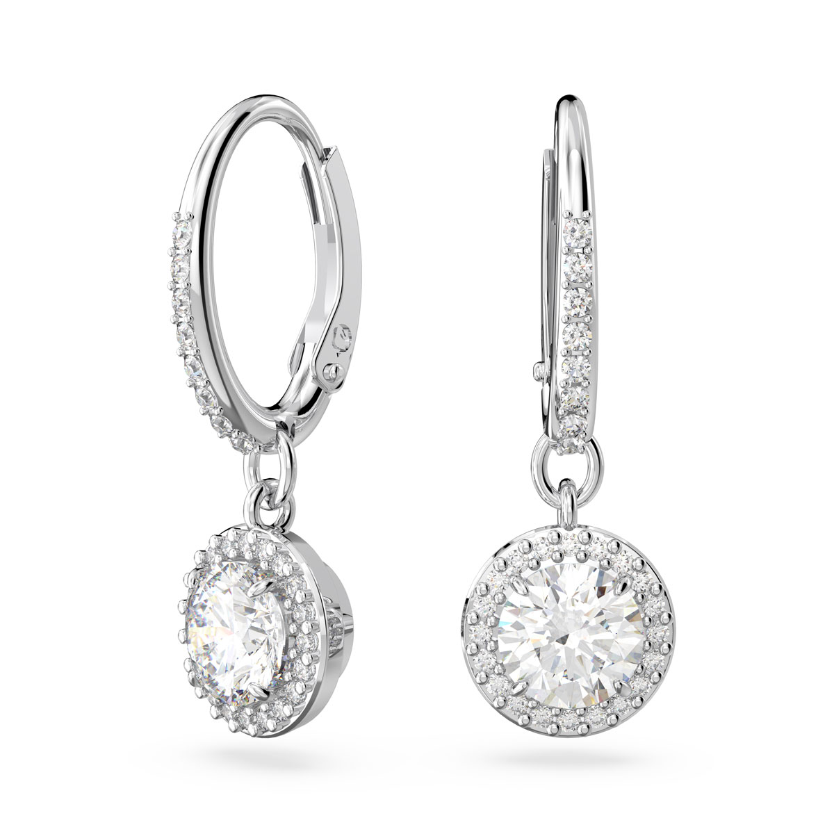 Swarovski Constella Round Cut Crystal with Pave and Rhodium Drop Pierced Earrings