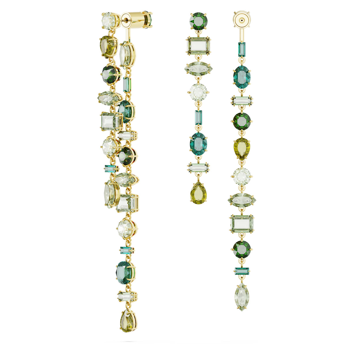 Swarovski Gema drop earrings, Asymmetrical design, Mixed cuts, Extra long, Green, Gold