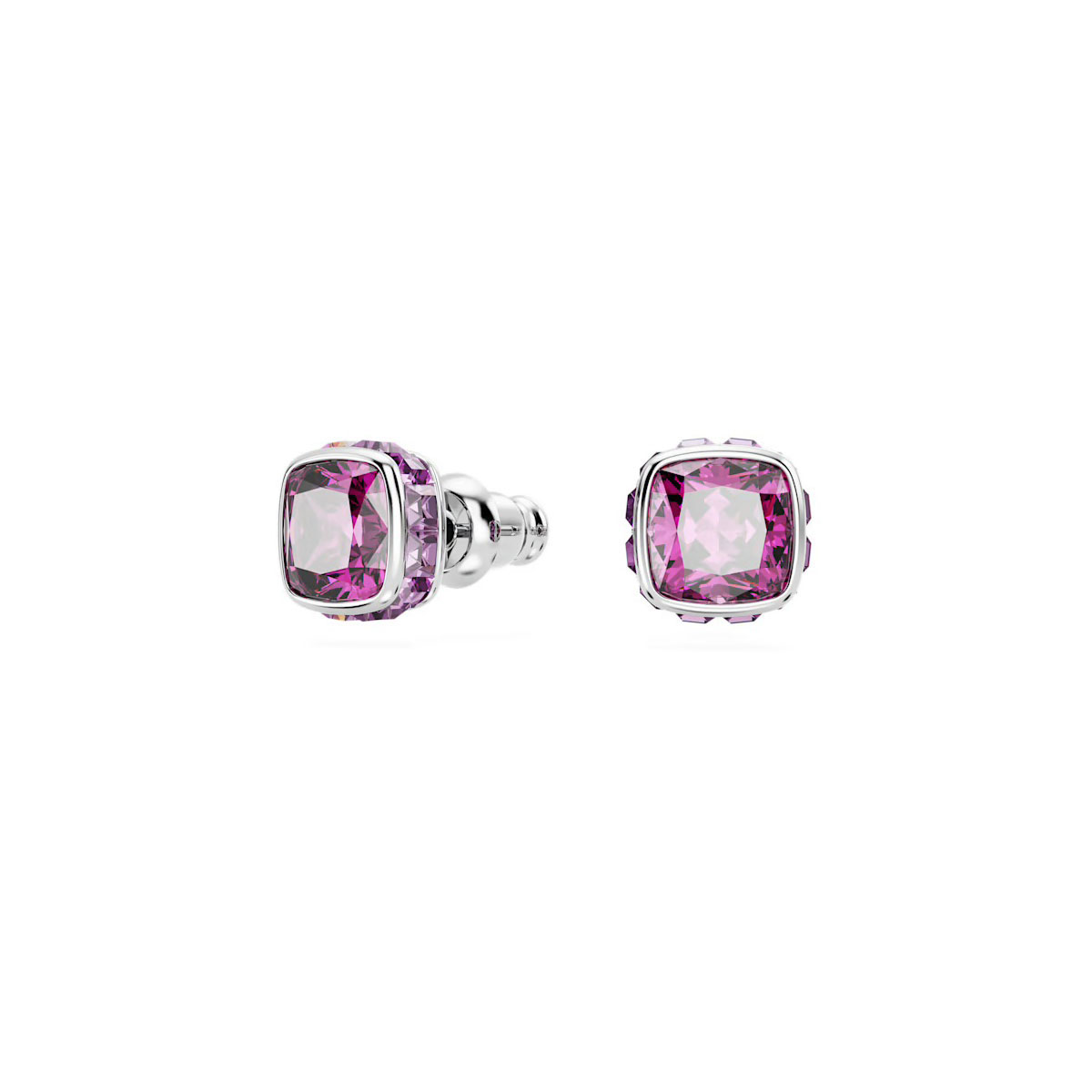 Swarovski Birthstone stud earrings, Square cut, February, Pink, Rhodium ...