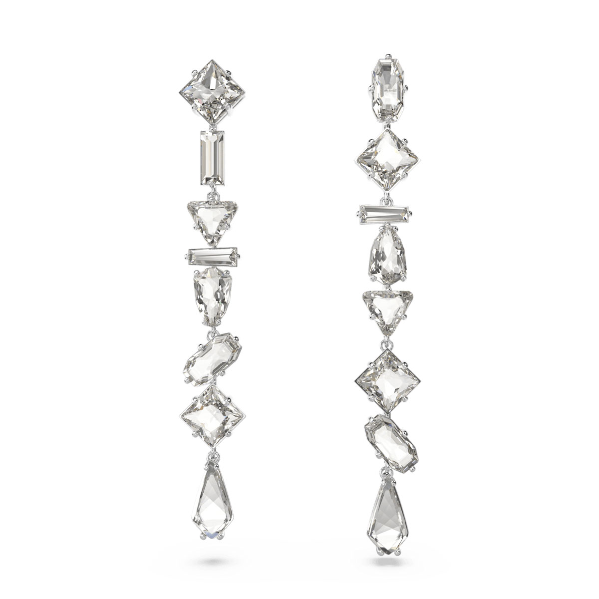 Swarovski Mesmera drop earrings, Asymmetrical design, Mixed cuts, Long, White, Rhodium