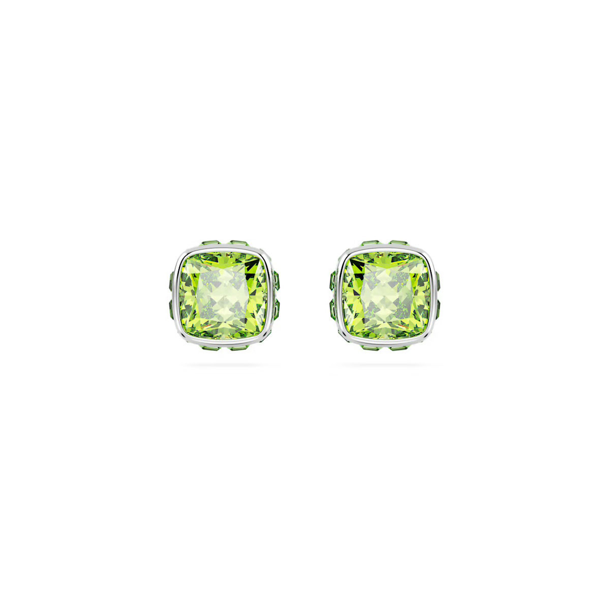 Swarovski Birthstone stud earrings, Square cut, August, Green, Rhodium plated