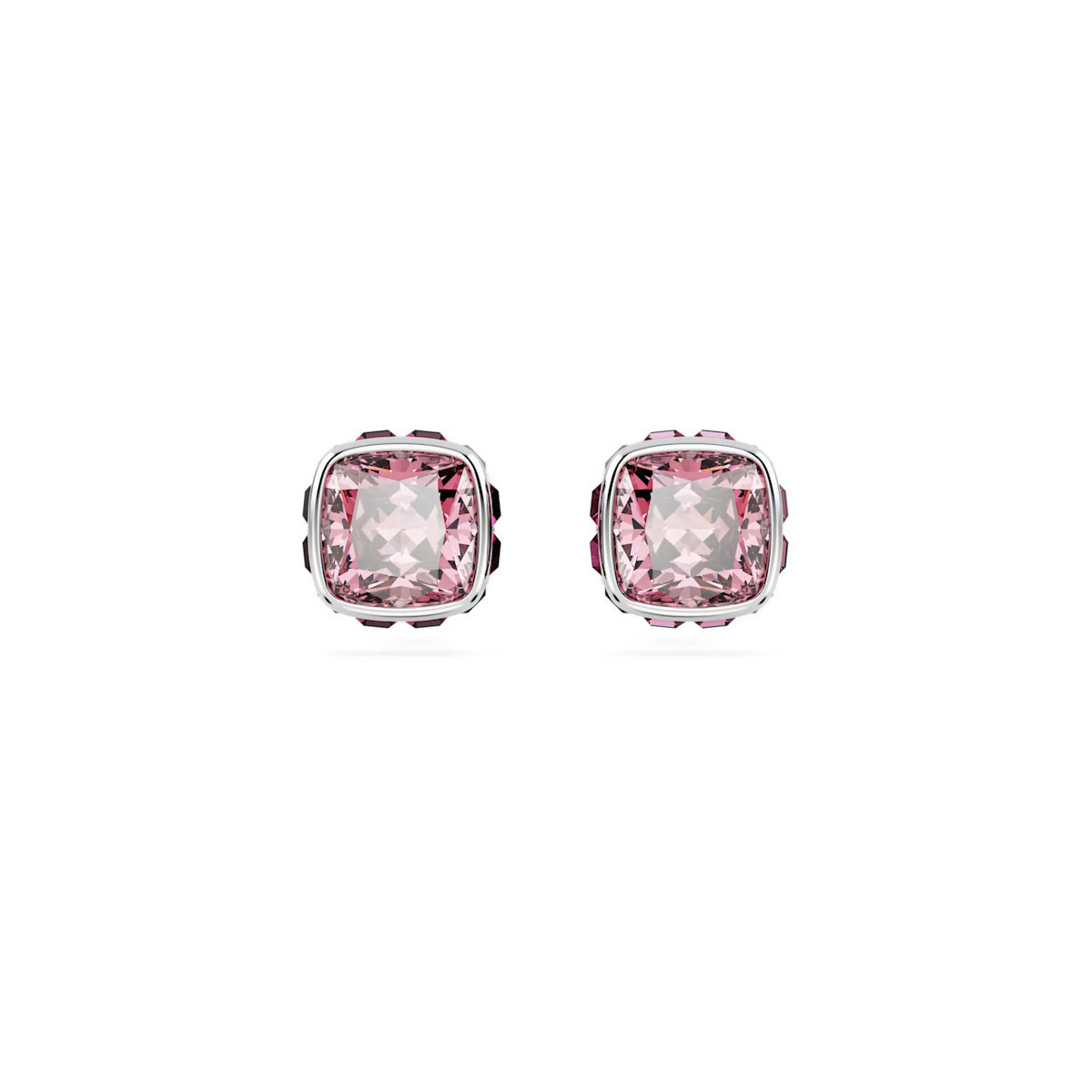Swarovski Birthstone stud earrings, Square cut, October, Pink, Rhodium plated