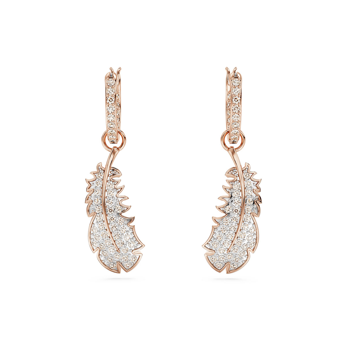 Swarovski Nice drop earrings, Feather, White, Rose gold
