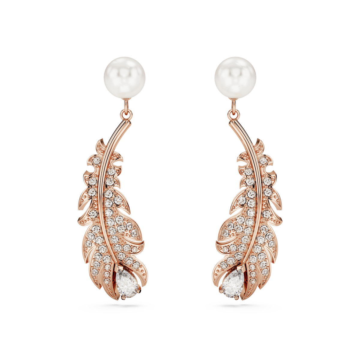 Swarovski Nice drop earrings, Mixed cuts, Feather, White, Rose gold