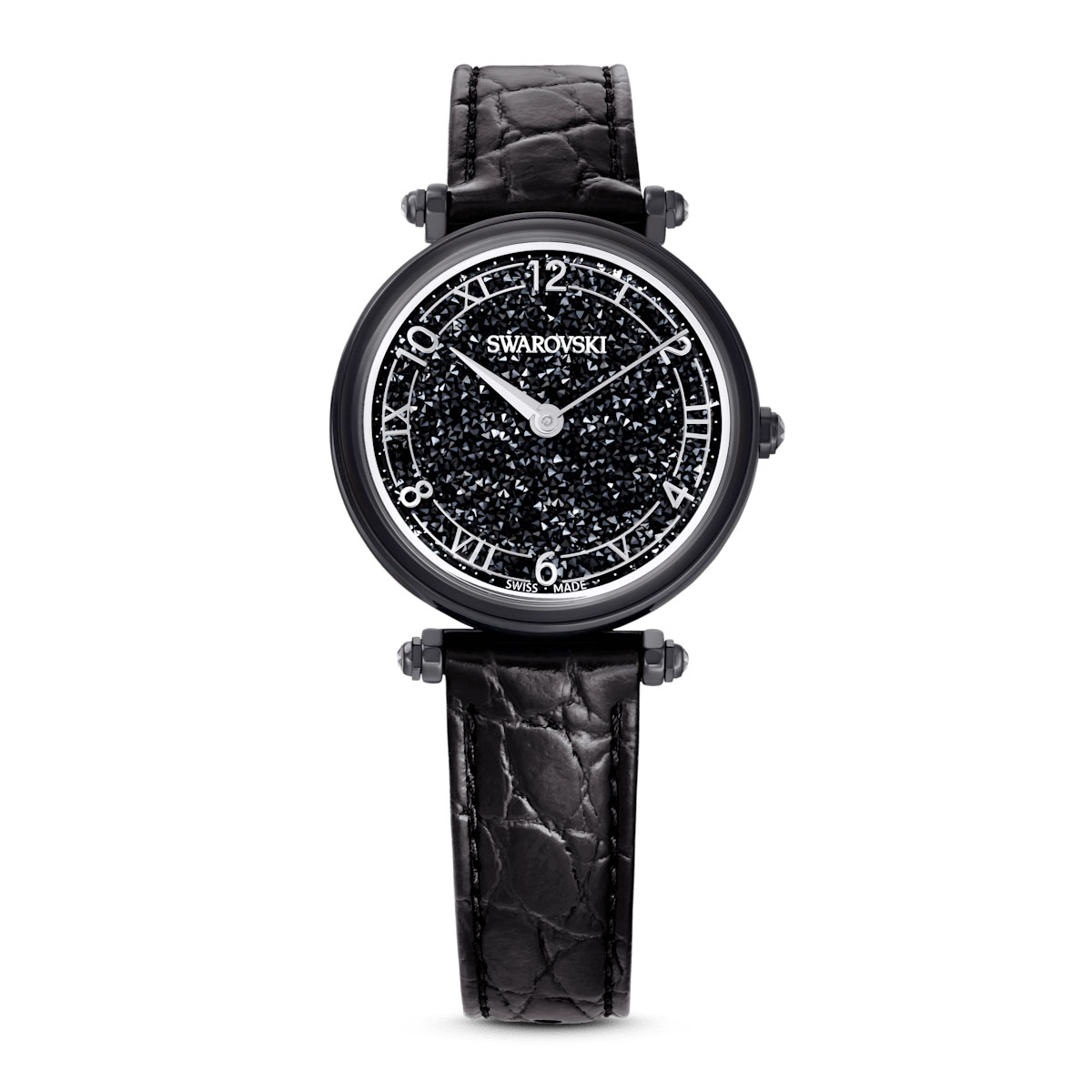 Swarovski Crystalline Wonder watch, Swiss Made, Leather strap, Black, Black finish