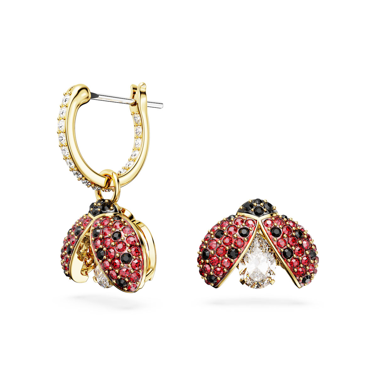 Swarovski Idyllia drop earrings, Asymmetrical design, Ladybug, Red, Gold