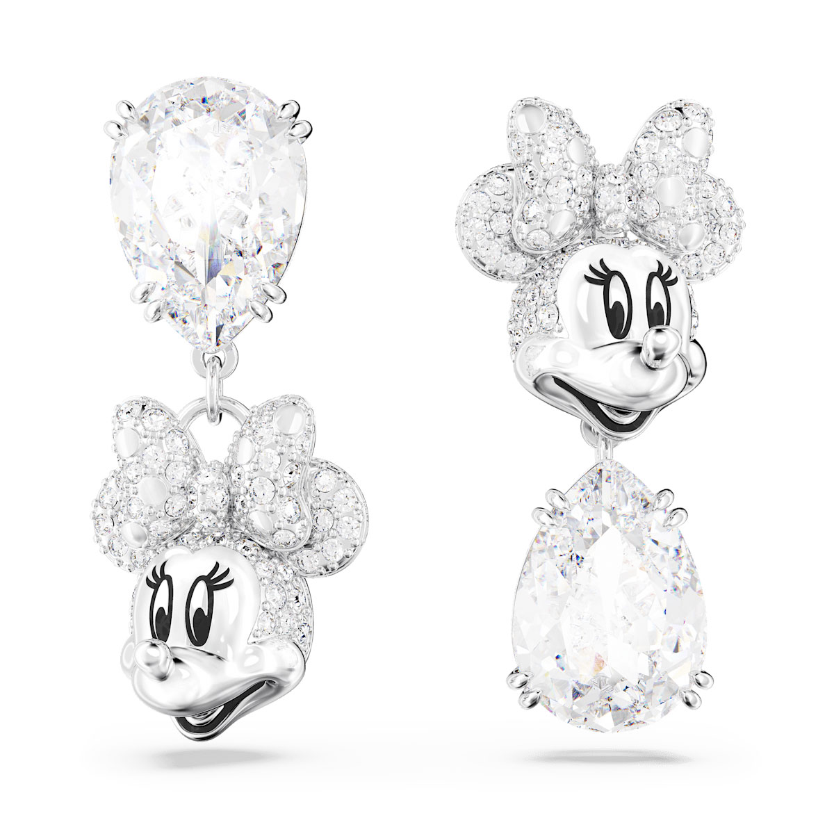 Swarovski Disney Minnie Mouse drop earrings, Asymmetrical design, White, Rhodium