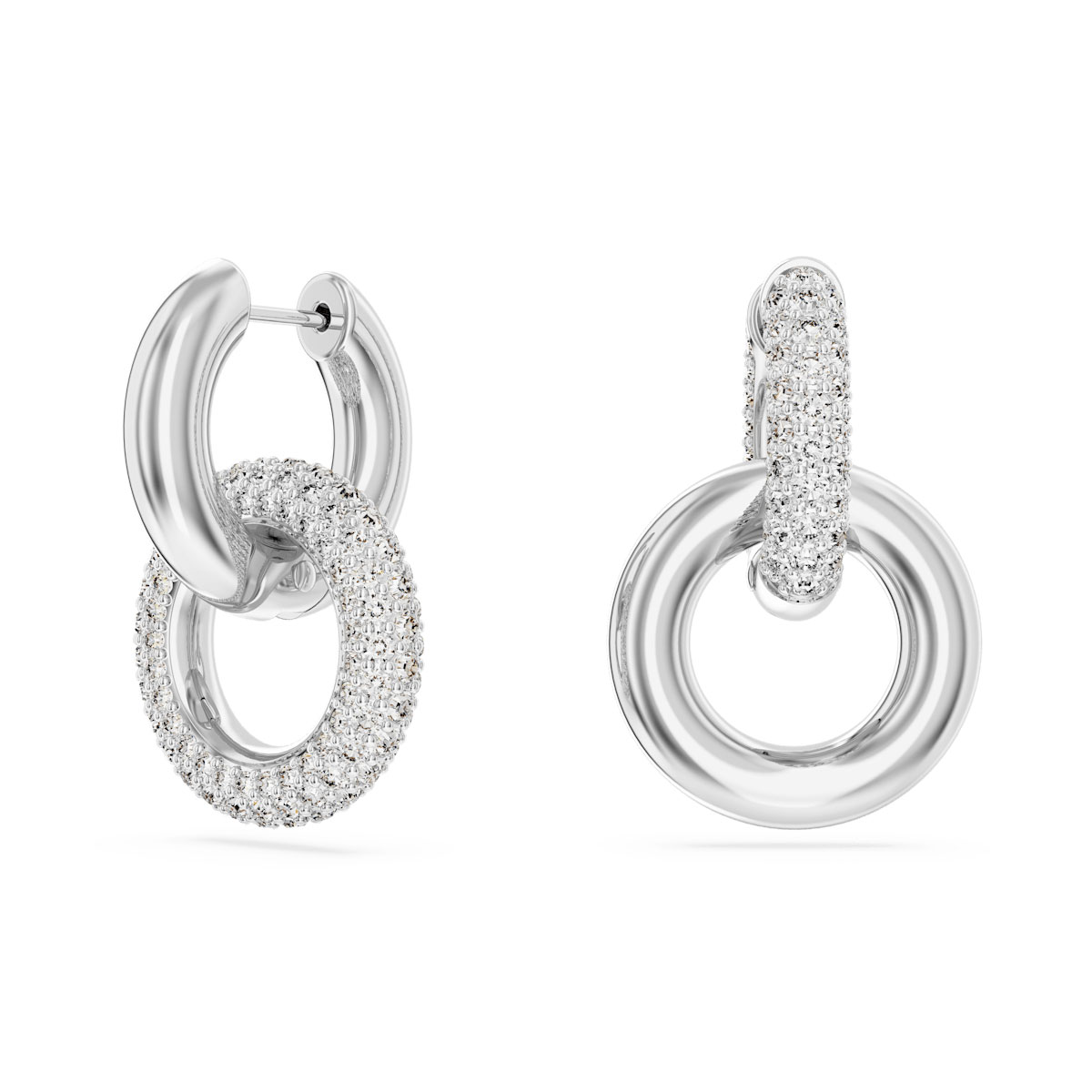 Swarovski Dextera hoop earrings, Asymmetrical design, Interlocking loop, White, Rhodium