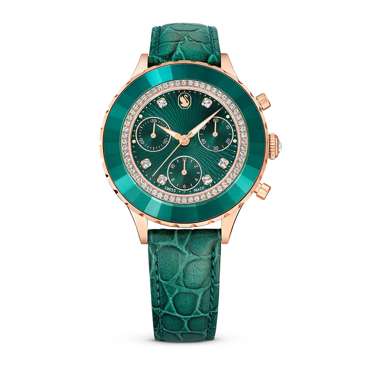 Swarovski Octea Chrono watch, Swiss Made, Leather strap, Green, Rose gold-tone finish