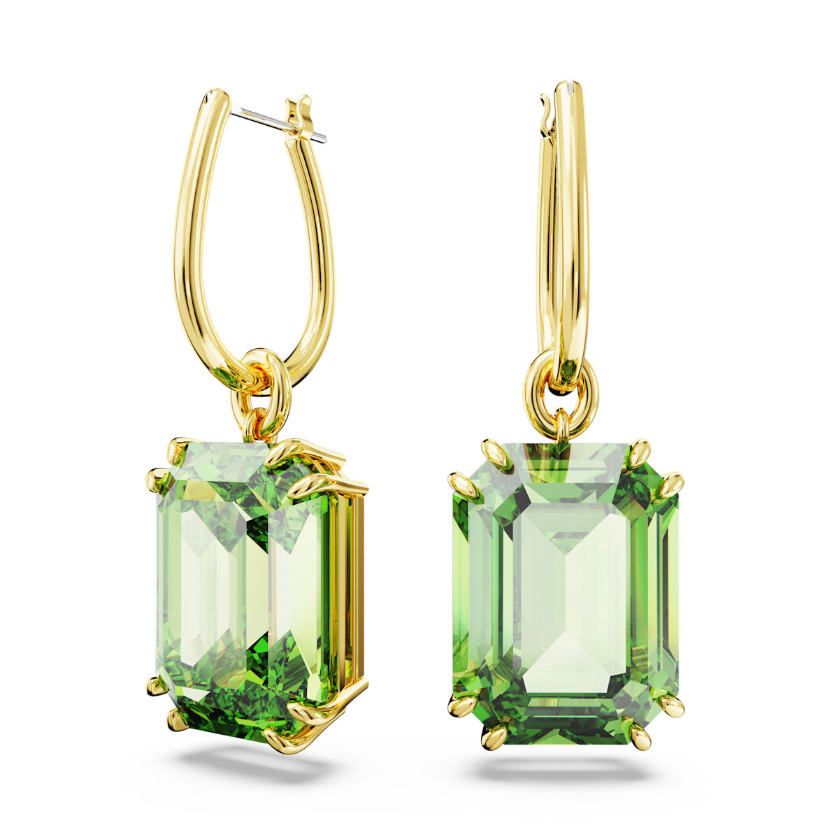 Swarovski Millenia drop earrings, Octagon cut, Green, Gold
