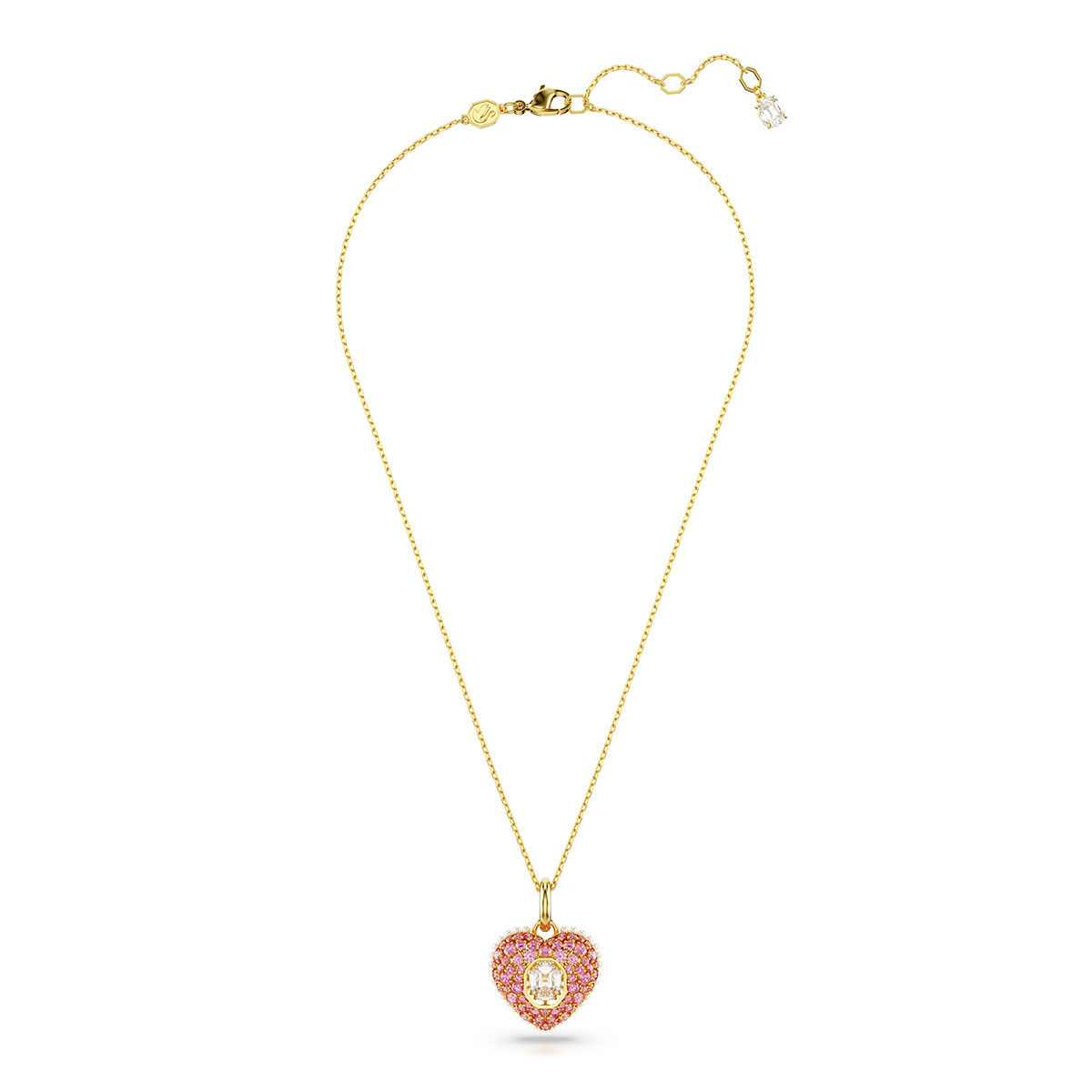 Swarovski Octagon Pink Crystal, Pearls and Gold-Tone Plated Heart Hyperbola Pendant Necklace,