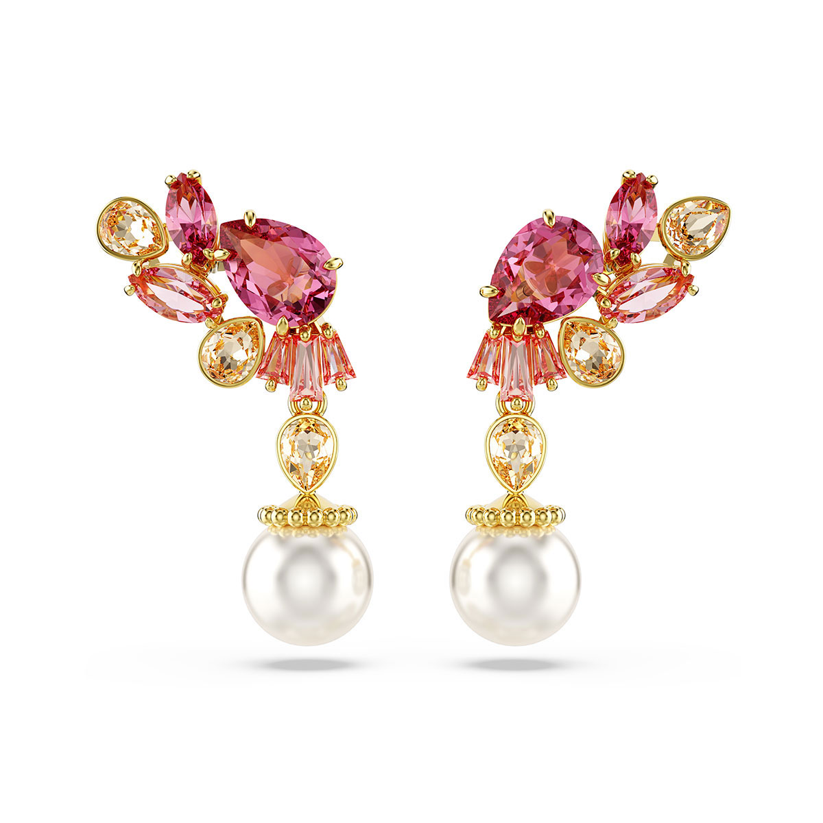 Swarovski Gema drop earrings, Mixed cuts, Crystal pearls, Flower, Pink, Gold-tone plated