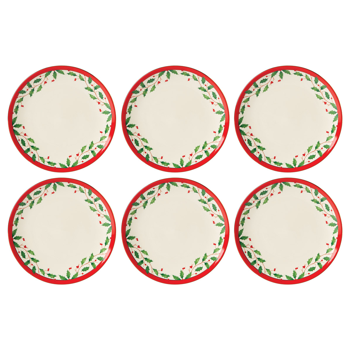 Lenox China Holiday Accent Plate Set of 6, Red and Gold Border